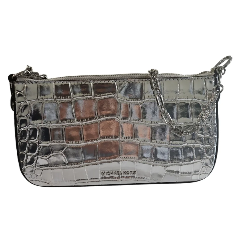 Michael Kors Cocktail Silver Metallic Leather Shoulder Pochette Bag